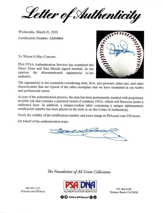 Beautiful Dizzy Dean & Stan Musial Signed National League Baseball PSA DNA