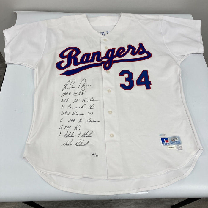 Nolan Ryan Signed Heavily Inscribed Texas Rangers Game Model STAT Jersey Beckett