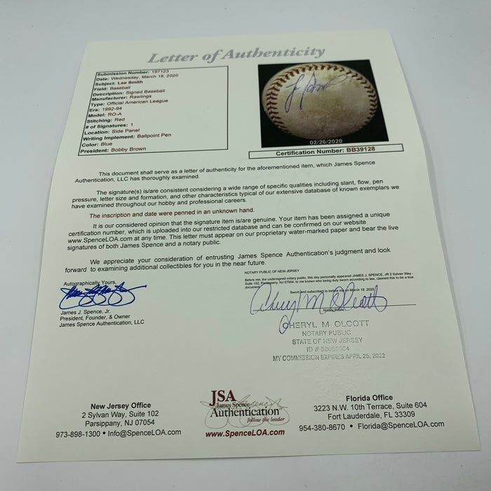Lee Smith Signed Final Pitch Of Save #410 Game Used Baseball JSA COA & LOP