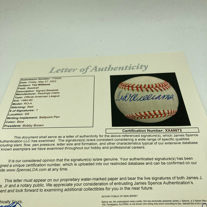 Mint Ted Williams Signed Official American League Baseball JSA COA Beautiful