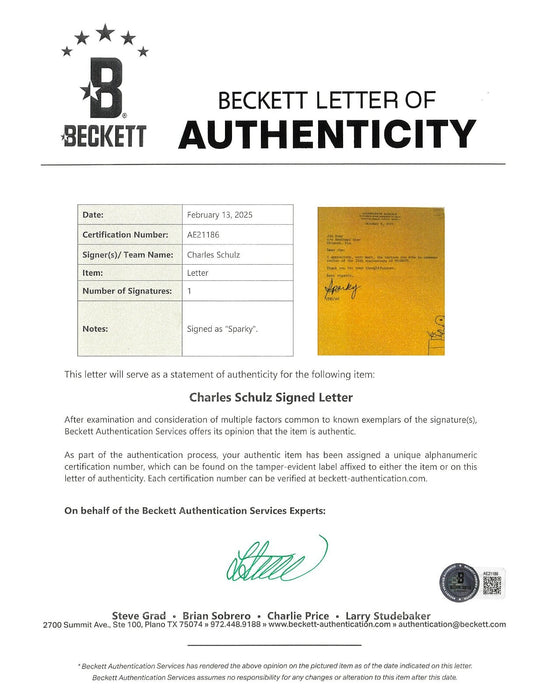 Charles Schulz Peanuts Signed "Sparky" Framed Letter Beckett COA Snoopy