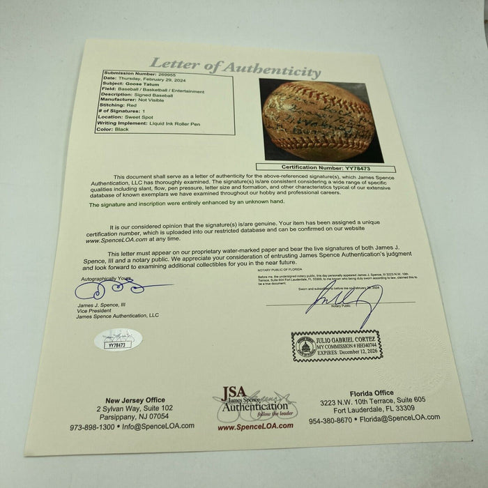 Rare Goose Tatum Single Signed Baseball Negro League Harlem Globetrotters JSA