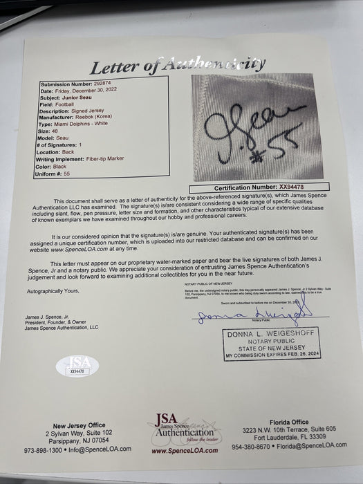 Junior Seau Signed Reebok Miami Dolphins Authentic Jersey JSA