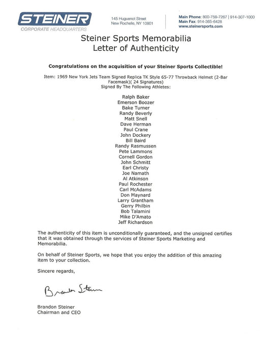 1969 New York Jets Super Bowl Champs Team Signed Authentic Game Helmet Steiner