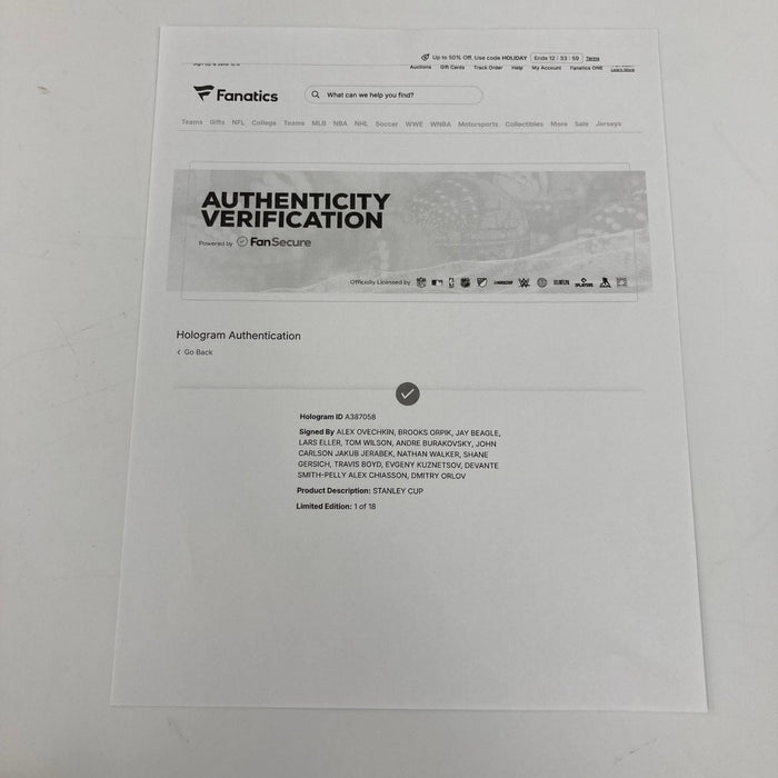 2017–18 Washington Capitals Champs Signed Full Size Stanley Cup Alex Ovechkin