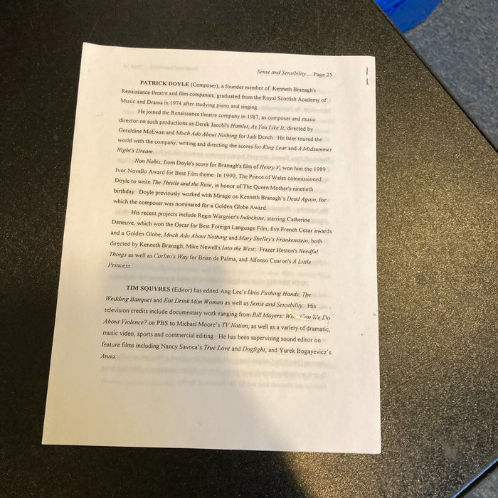 Ang Lee Signed Original Sense and Sensibility Movie Script JSA COA