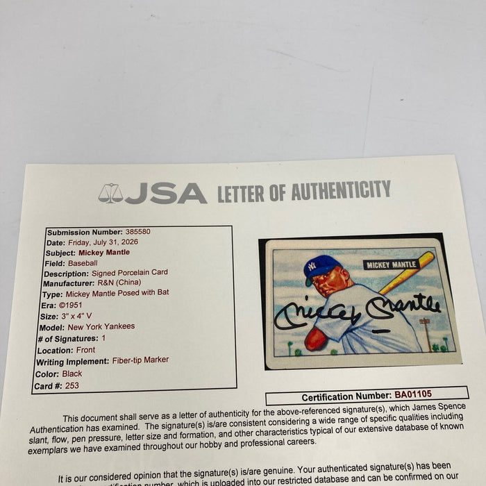 1951 Bowman Mickey Mantle Signed Porcelain Baseball Card RC JSA COA Auto