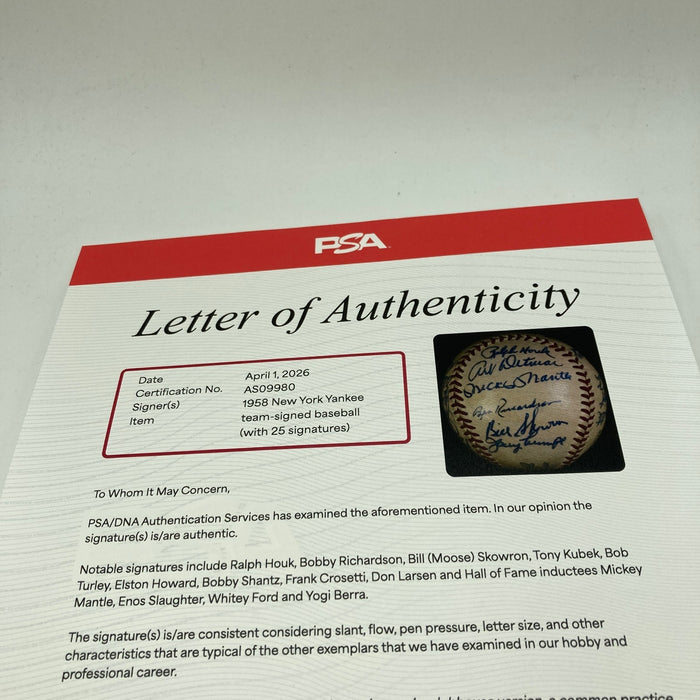 1958 New York Yankees World Series Champs Team Signed Baseball PSA DNA COA