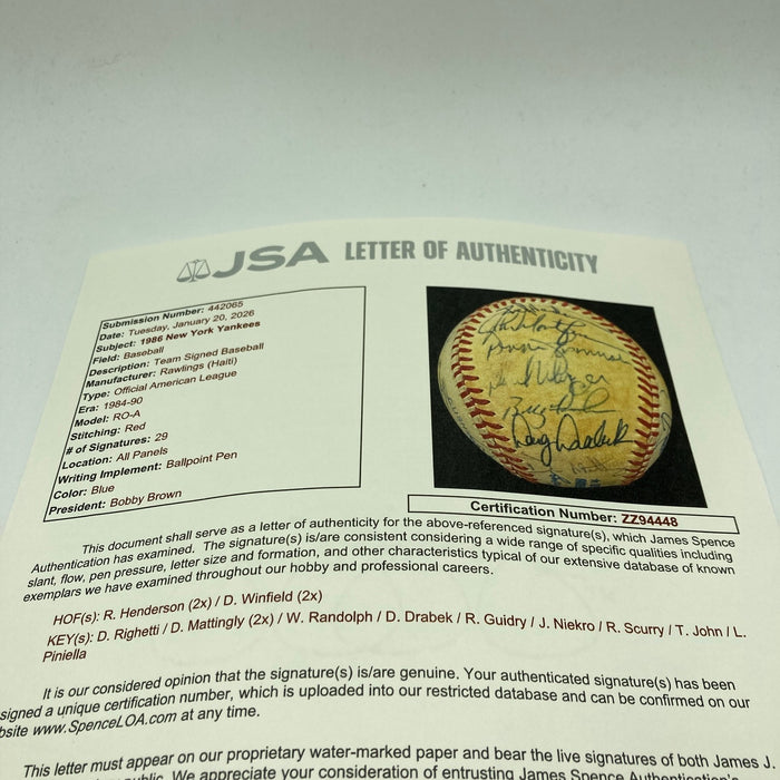 1986 New York Yankees Team Signed Baseball 29 Sigs Don Mattingly JSA COA
