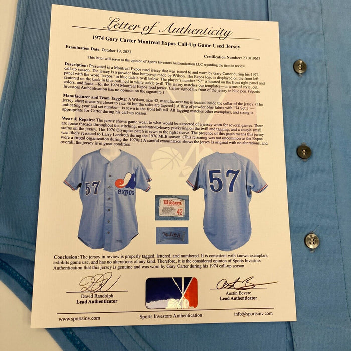 Gary Carter 1974 MLB Debut Rookie Game Used Signed Montreal Expos Jersey SIA COA