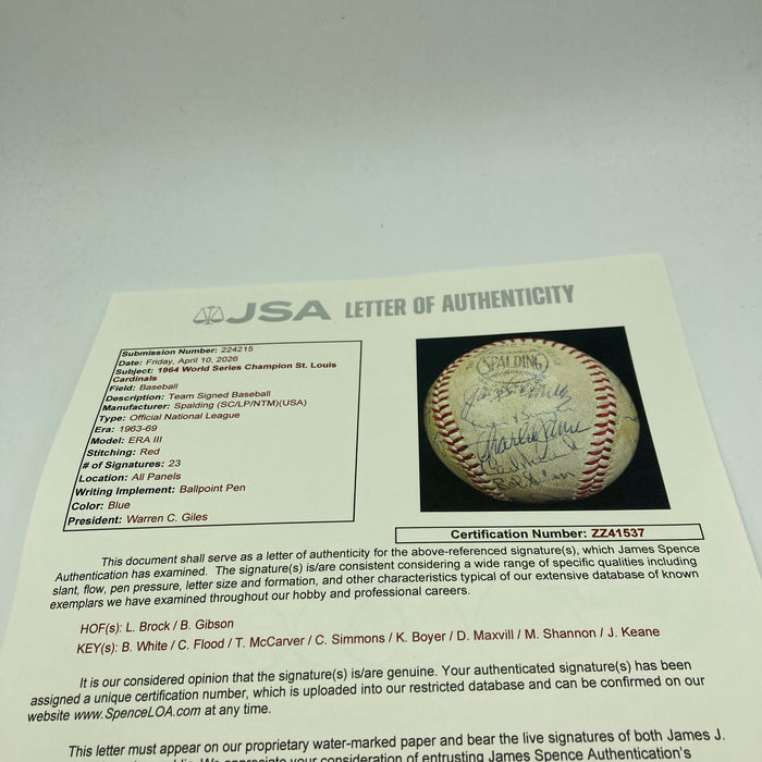 1964 St. Louis Cardinals World Series Champs Team Signed Baseball JSA COA