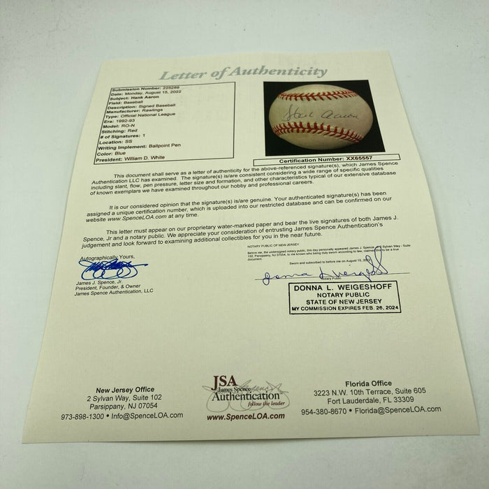 Hank Aaron Signed Official National League Baseball JSA COA