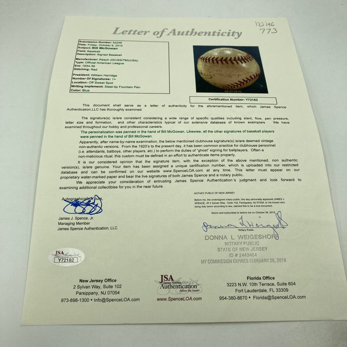 Bill McGowan "Single" Signed American League Baseball JSA COA RARE