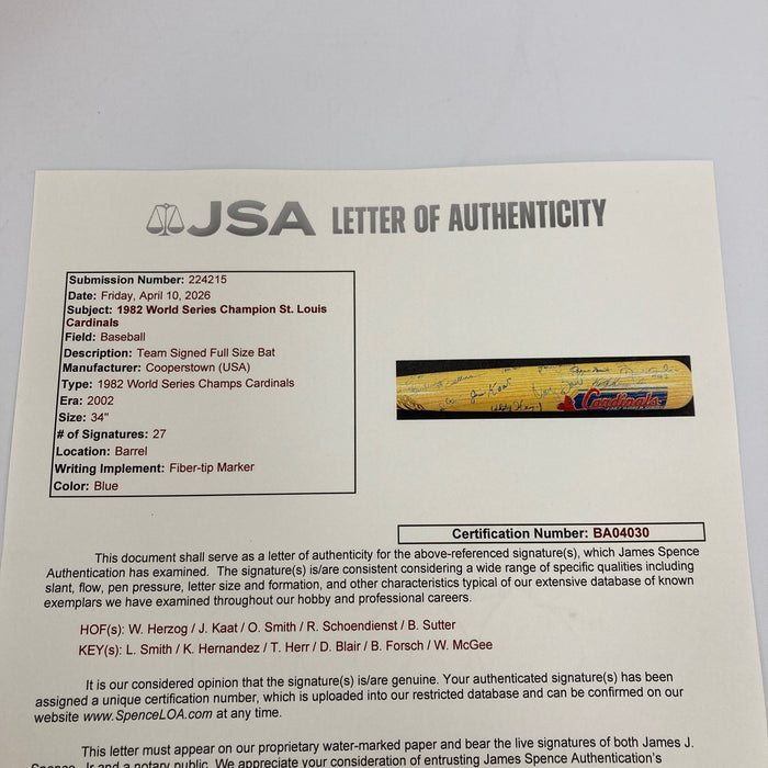 1982 St. Louis Cardinals World Series Champs Team Signed Baseball Bat JSA COA
