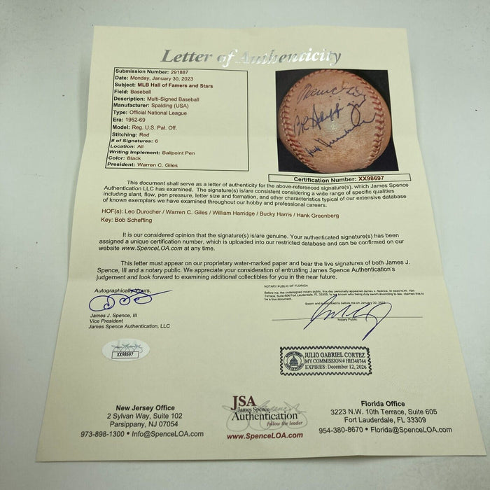 Will Harridge Warren Giles Bucky Harris Hanks Greenberg Signed Baseball JSA COA