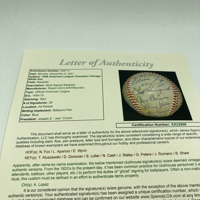 1959 Chicago White Sox AL Champs Team Signed Baseball Nellie Fox JSA COA