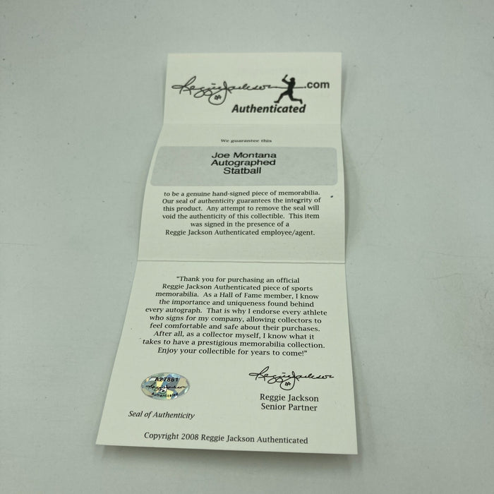 Joe Montana Signed Heavily Inscribed Career STAT Baseball Reggie Jackson COA