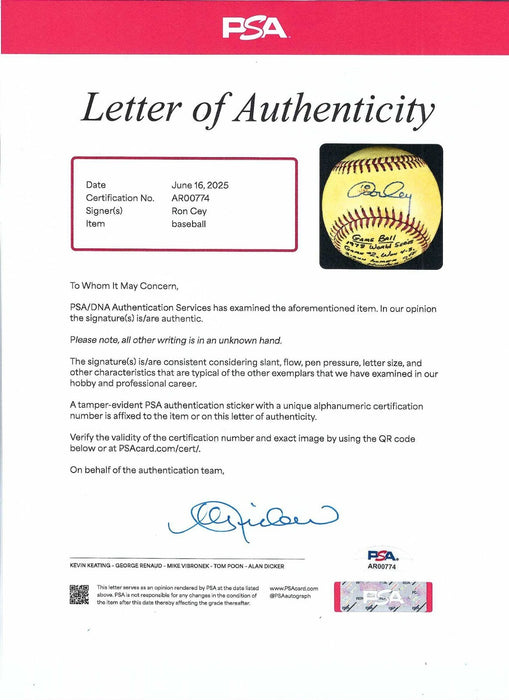Ron Cey Home Run Signed 1978 World Series Game Used Baseball Dodgers PSA