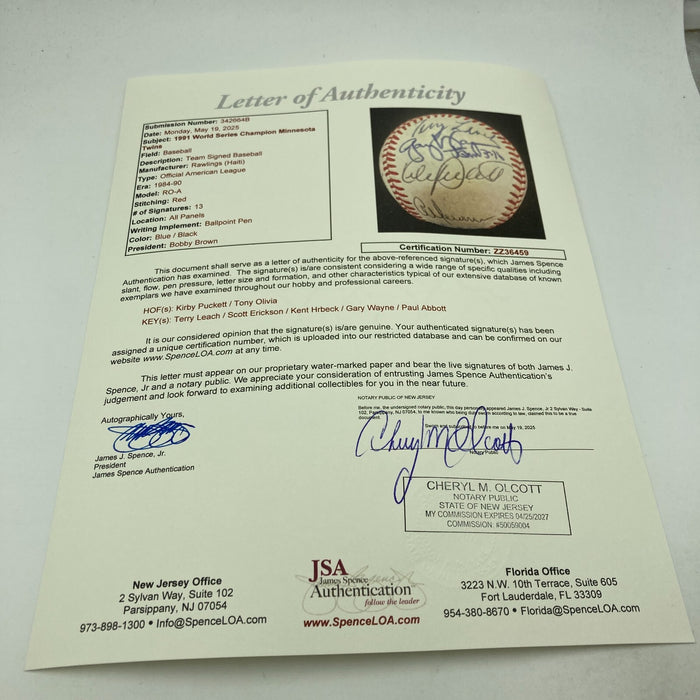 1991 Minnesota Twins World Series Champs Team Signed Baseball JSA COA
