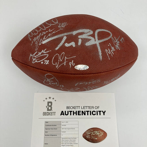 2001 New England Patriots Team Signed Football Tom Brady First Super Bowl BAS