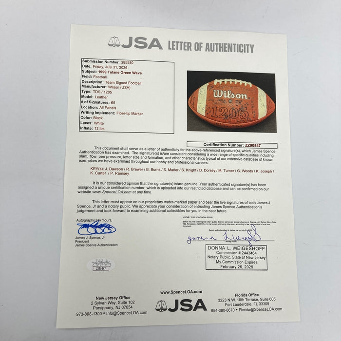 1999 Tulane Green Wave Team Signed NCAA Football 65 Sigs JSA COA