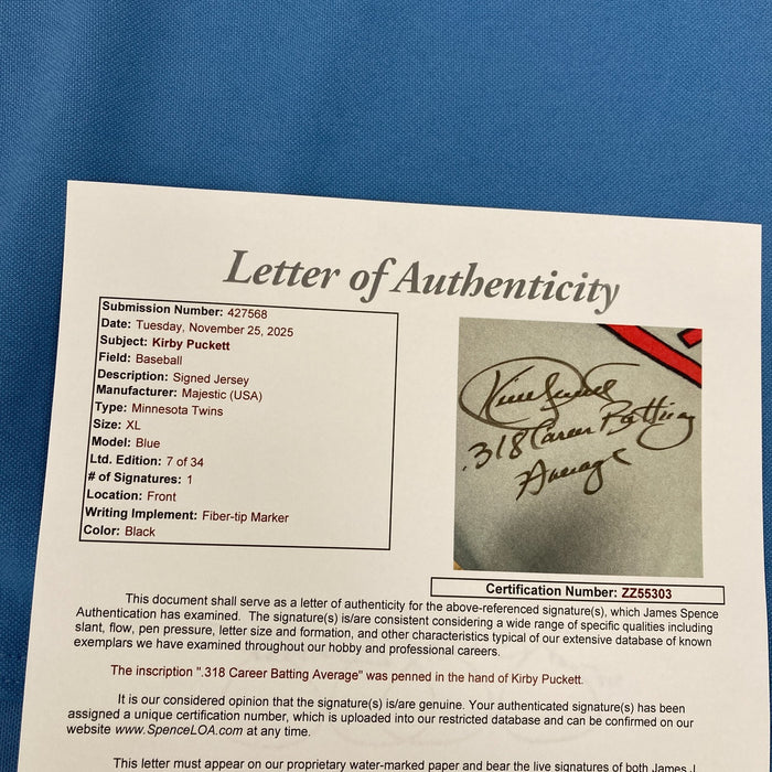 Magnificent Kirby Puckett .318 Batting Average Signed Minnesota Twins Jersey JSA