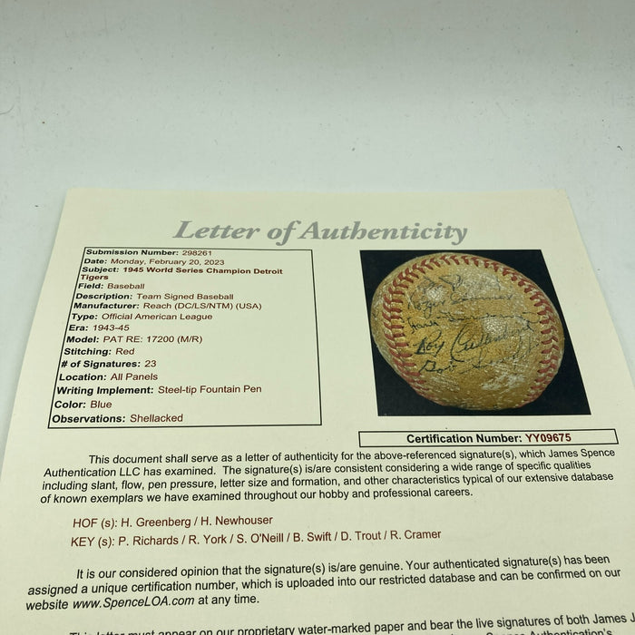 1945 Detroit Tigers World Series Champs Team Signed Baseball JSA COA