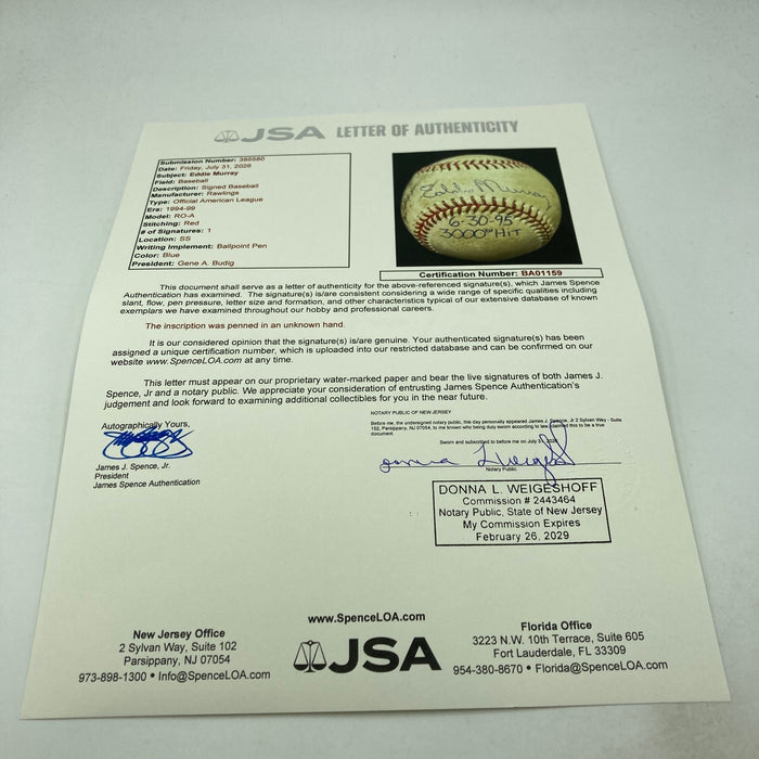 Eddie Murray 3,000th Hit Signed Game Used Baseball June 30, 1995 JSA COA