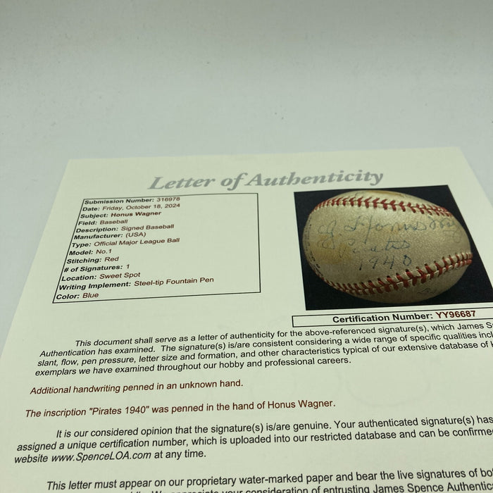 Beautiful Honus Wagner Single Signed Baseball JSA COA