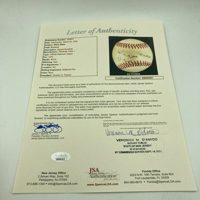 The Finest Willie Wells Single Signed Autographed Baseball Hall Of Fame JSA COA
