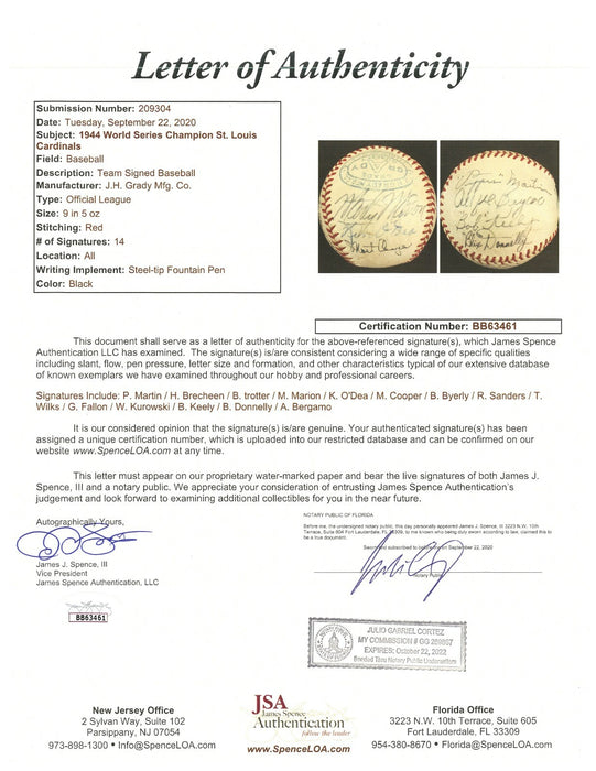 1944 St. Louis Cardinals World Series Champs Team Signed Baseball With JSA COA