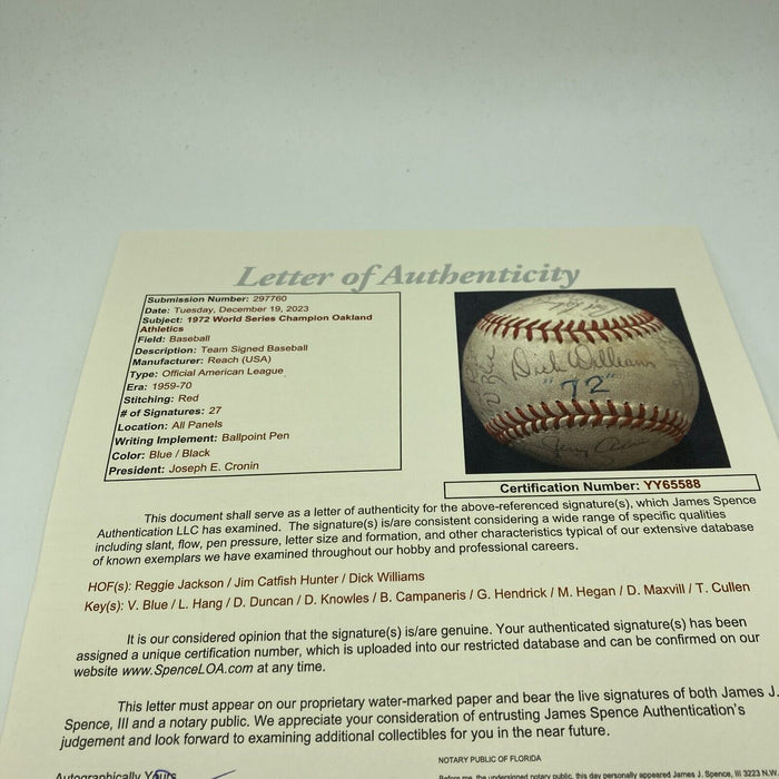 1972 Oakland A's Athletics World Series Champs Team Signed Baseball JSA COA