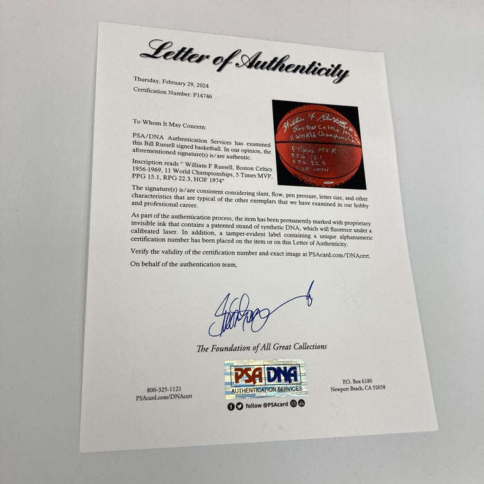 Bill Russell Full Name Signed Heavily Inscribed STAT Basketball #9/11 PSA DNA