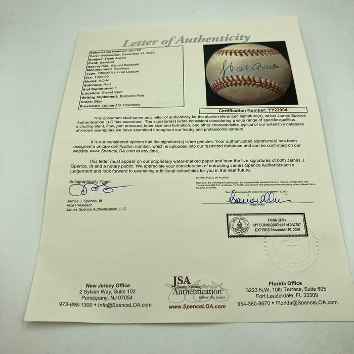 Hank Aaron Signed Official National League Baseball JSA COA