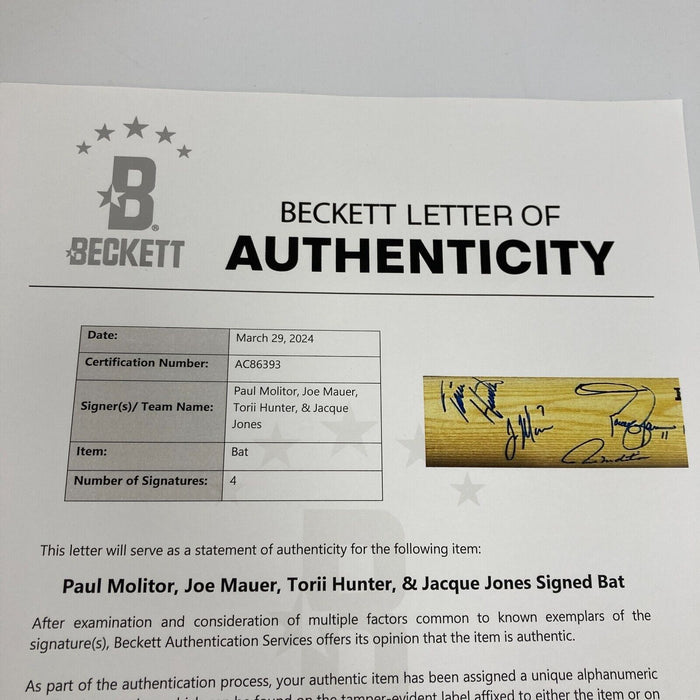 Joe Mauer, Torii Hunter, Paul Molitor Twins Signed Baseball Bat Beckett COA