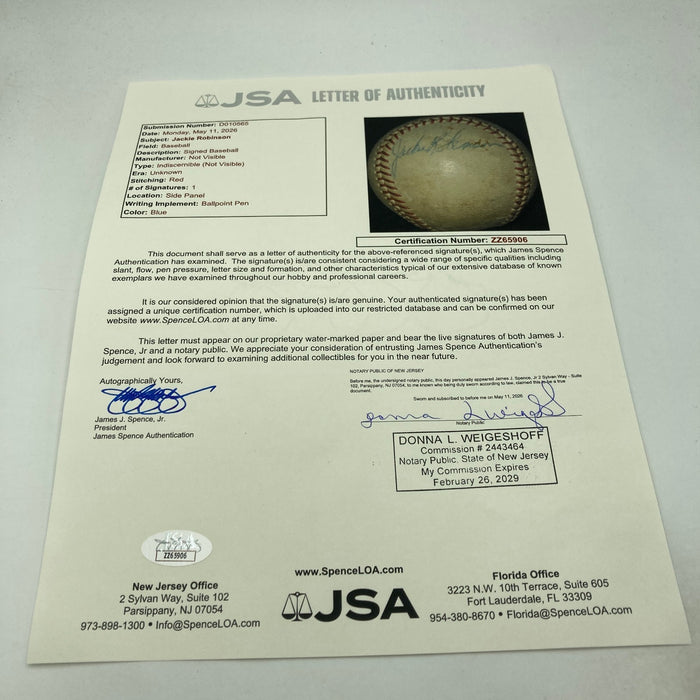 Jackie Robinson Single Signed Autographed Baseball JSA COA