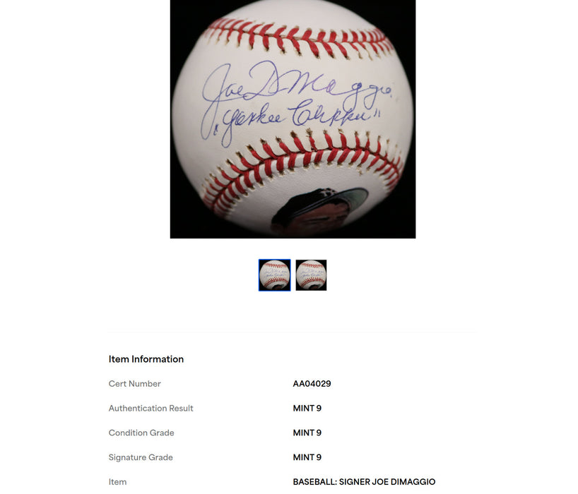 Joe Dimaggio Yankee Clipper Signed American League Baseball PSA Graded MINT 9