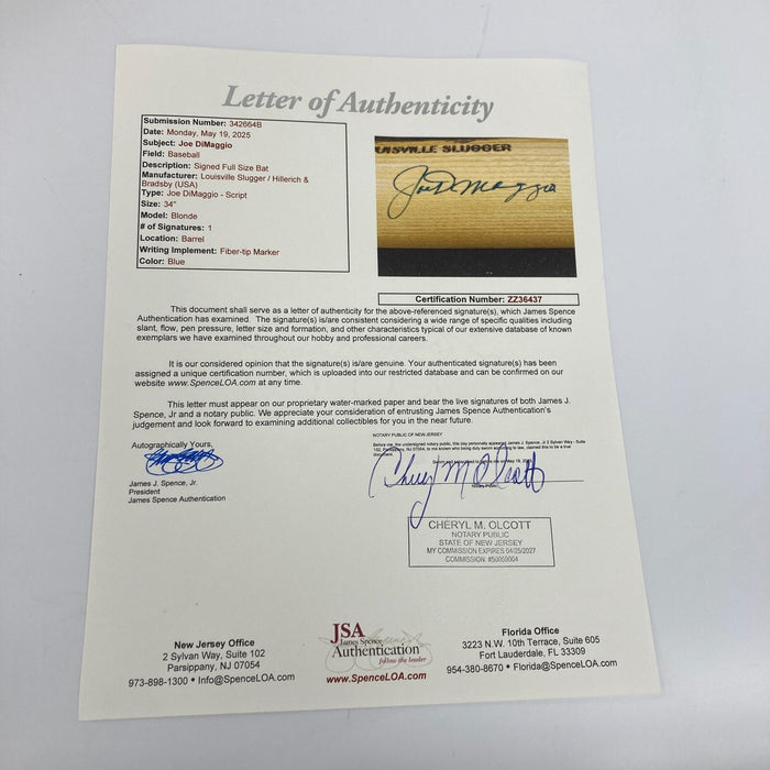 Beautiful Joe Dimaggio Signed Game Model Baseball Bat With JSA COA