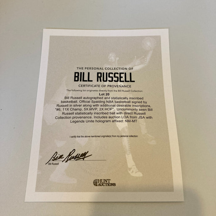 Bill Russell Signed Heavily Inscribed STATS Official NBA Game Basketball JSA COA