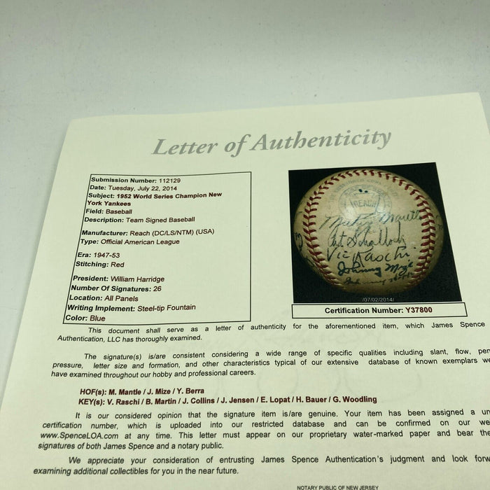 1952 New York Yankees World Series Champs Team Signed Baseball Mickey Mantle JSA