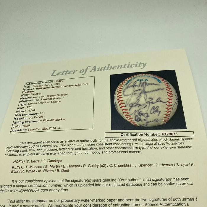 1978 New York Yankees World Series Champs Team Signed Baseball JSA COA