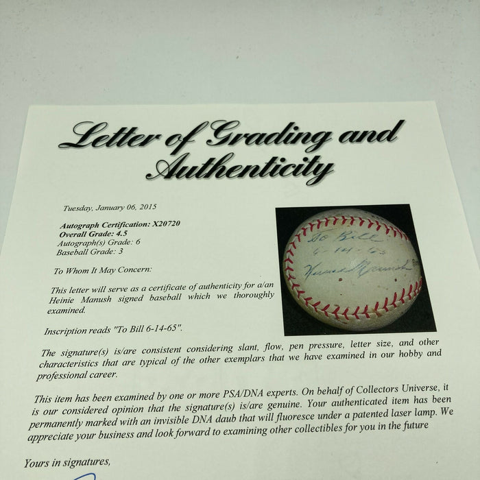 Heinie Manush Single Signed 1960's Baseball PSA DNA COA Hall Of Fame