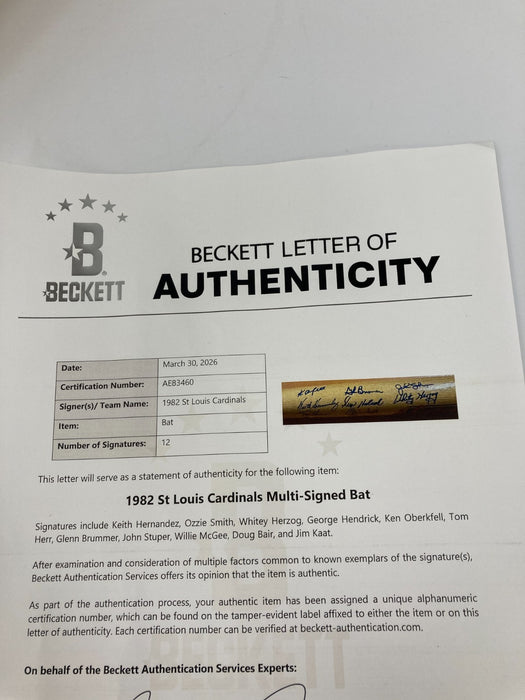 1982 St Louis Cardinals World Series Champs Team Signed Baseball Bat Beckett COA