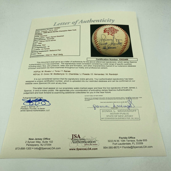 1998 New York Yankees World Series Champs Team Signed W.S. Baseball With JSA COA