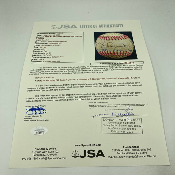 1988 Los Angeles Dodgers World Series Champs Team Signed Baseball JSA COA