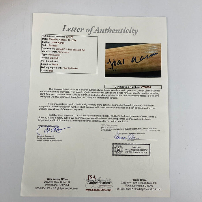 Hank Aaron Signed Adirondack Game Model Baseball Bat JSA COA