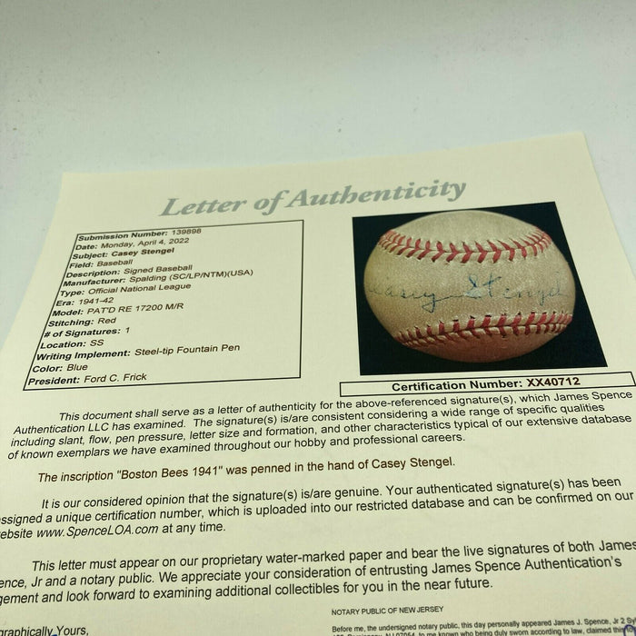 Earliest Known Casey Stengel 1941 Single Signed National League Baseball JSA COA
