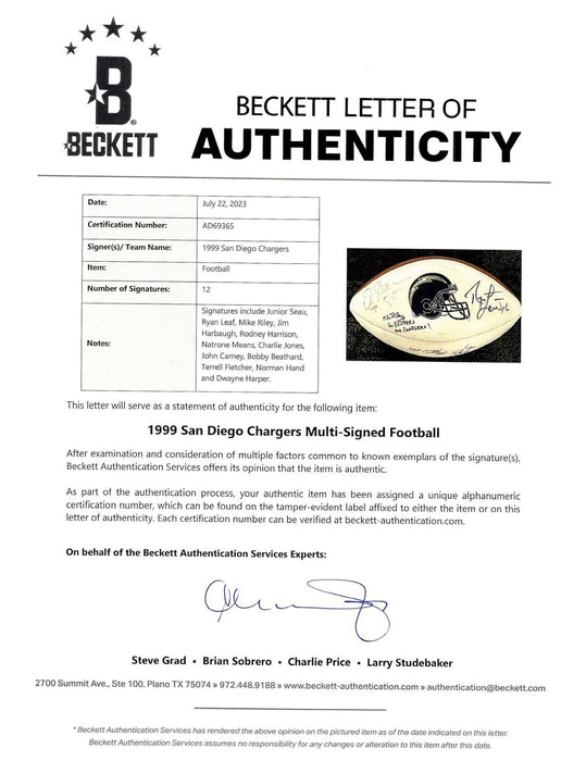 Junior Seau 1999 San Diego Chargers Team Signed Football Beckett COA