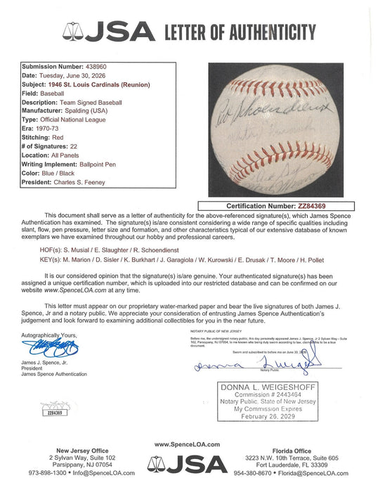 1946 St. Louis Cardinals World Series Champs Team Signed Baseball JSA COA
