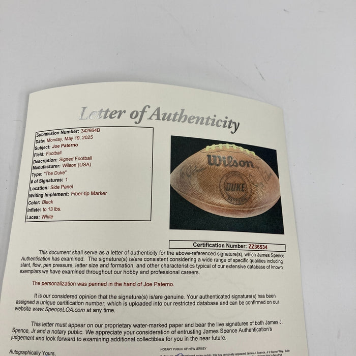 Joe Paterno Signed Wilson The Duke Game Football JSA COA